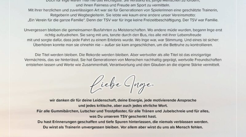 Die Korbballer des TSV 07 Bergrheinfeld trauern um Inge Dittmar